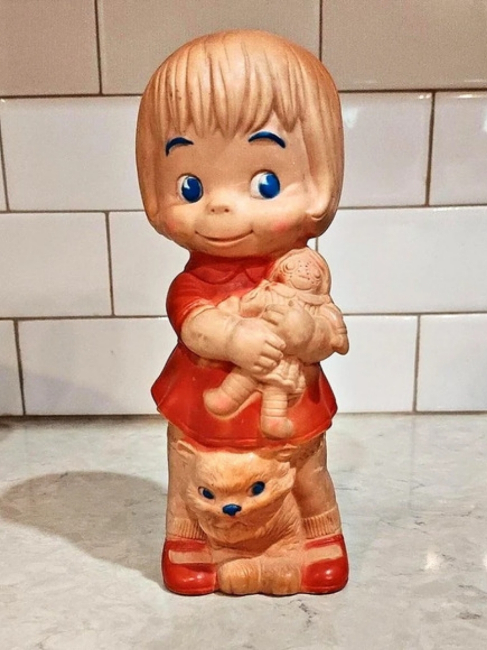 J.L. Prescott Co. Vintage Rubber Squeak Toy Girl Holding Doll with Cat. Vintage